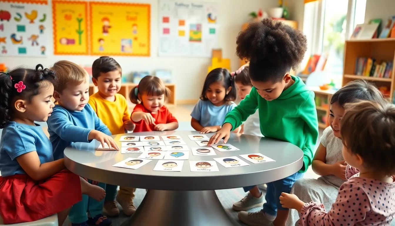 children engaging with emotion cards in a classroom setting.